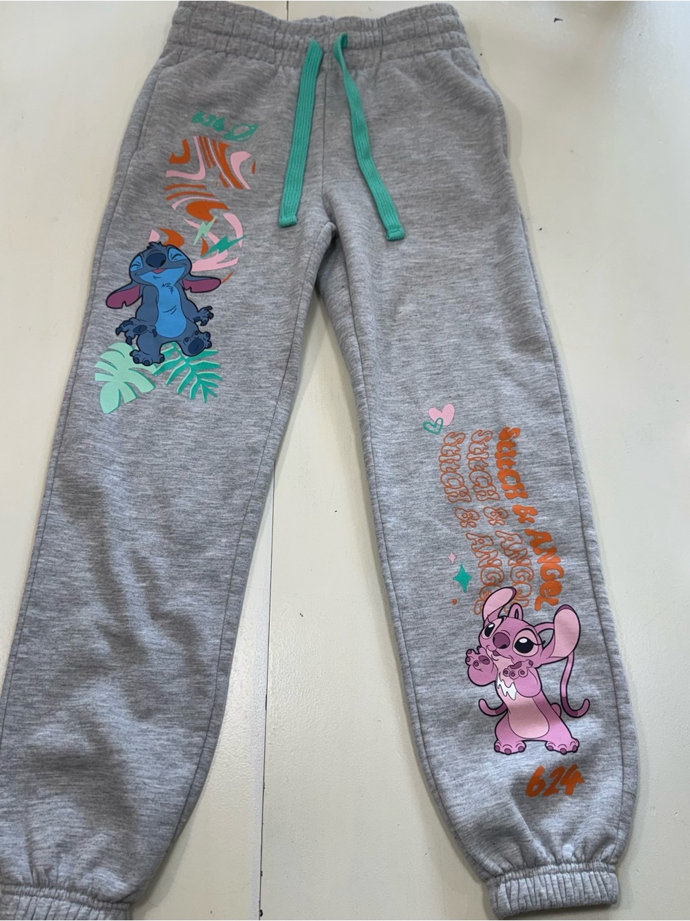 Disney Stitch & Angel Graphic Jogger Sweatpants Heather Grey (Size XS)